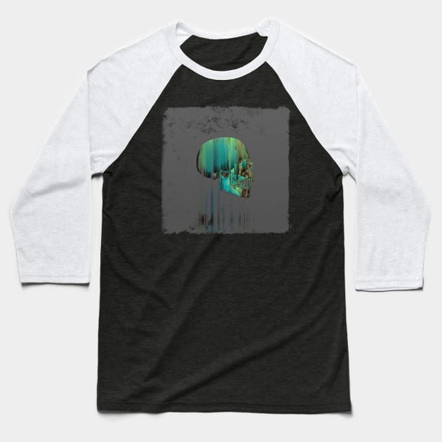 Green Glitch Skull Baseball T-Shirt by DyrkWyst